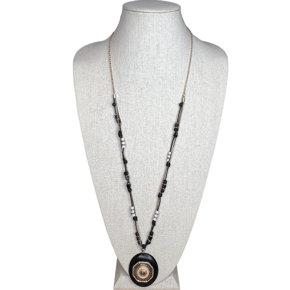 Chico’s Boho Wooden Bead Gold Chain Pendant Necklace